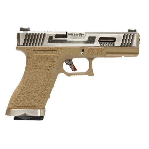 Pistolet airsoft gaz blowback WE T8 slide silver canon silver frame tan 6 mm — vue 2
