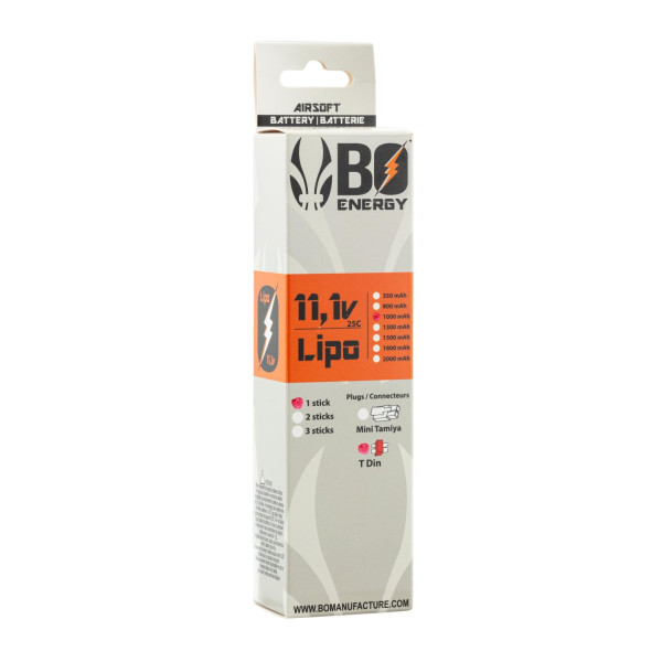 Batterie LiPo BO Manufacture 3S 11.1V 1000mAh 25C stick pour réplique airsoft