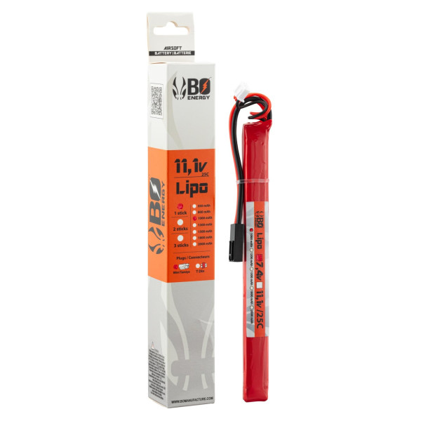 Batterie LiPo BO Manufacture 3S 11.1V 1000mAh 25C pour réplique airsoft